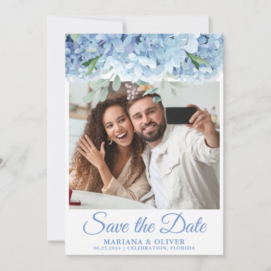 Foto Save the Date Karte Blue Hydrangeas Floral (Vorderseite)