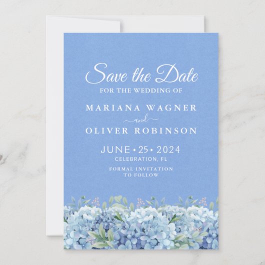 Foto Save the Date Karte Blue Hydrangeas Floral (Rückseite)