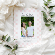 Foto-Save-the-Date-Karte mit rosa Schachbrettmuste