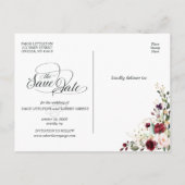 Foto Save the Date mit Burgund, rosa Blume Ankündigungspostkarte (Rückseite)