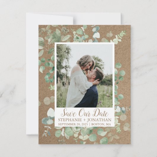 Foto Save the Date mit grünem Eukalyptus-Rahmen (Vorderseite)