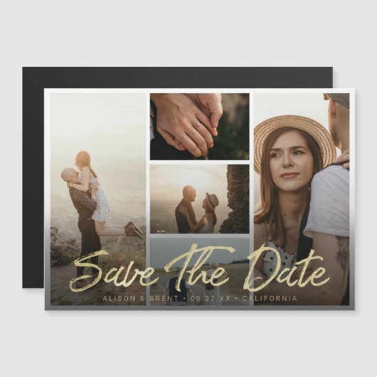 Foto Save the Date Moderne Gold Script Typografie Magneteinladung (Vorne/Hinten)