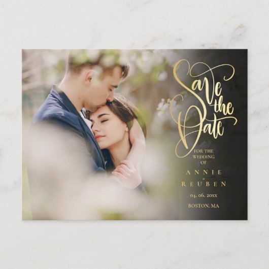Foto Save the Date Modernes, elegantes Gold Script Postkarte (Vorderseite)