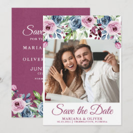 Foto Save the Date Navy Blue Burgundy Floral Einladung
