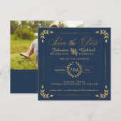 Foto Save the Date, Navy Gold Laurel Leaf Date (Vorne/Hinten)