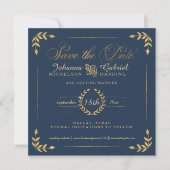 Foto Save the Date, Navy Gold Laurel Leaf Date (Vorderseite)