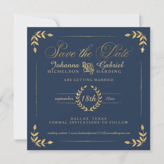 Foto Save the Date, Navy Gold Laurel Leaf Date (Vorderseite)