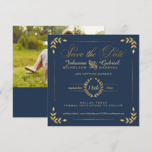 Foto Save the Date, Navy Gold Laurel Leaf Date