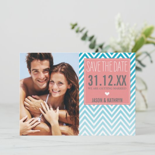 FOTO SAVE THE DATE ombre Zickzack türkisfarbene Ko Einladung (Stehend Vorderseite)