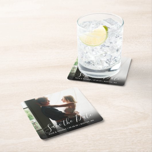 Foto Save the Date Rechteckiger Pappuntersetzer (Vor Ort)