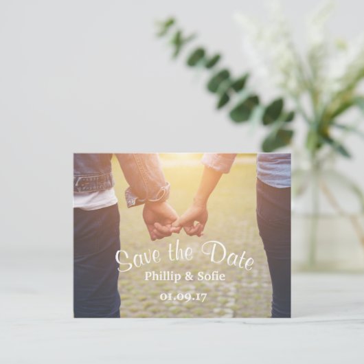 Foto Save the Date rustikale Postkarte - Händchen (Stehend Vorderseite)