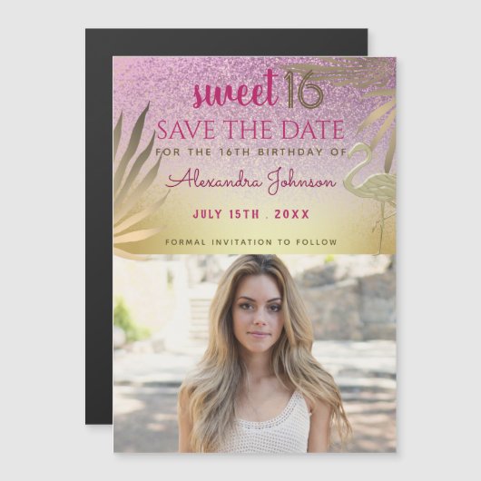 Foto Save the Date Sweet 16 Pink Gold Magneteinladung (Vorne/Hinten)