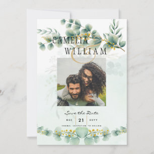 Foto Save the Dates Eucaluptus Gold Moderne Einladung