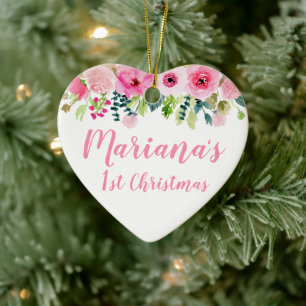 Foto-Schmuck Baby's 1. Weihnachten Rosa Floral Keramik Ornament