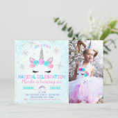 Foto Schneeflocken Winter Einhorn Gesicht Geburtst Einladung (Stehend Vorderseite)