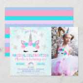 Foto Schneeflocken Winter Einhorn Gesicht Geburtst Einladung (Vorne/Hinten)