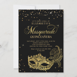 Foto Schwarz Gold Glitter Maskenball Quinceañera Einladung