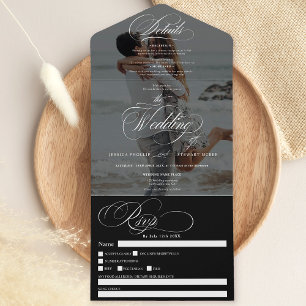 Foto Schwarz, schlichte Kalligraphie Hochzeit All In One Einladung
