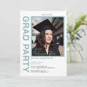 Foto, Schwarz und Türkis Text Grad Party einladen Einladung (Stehend Vorderseite)