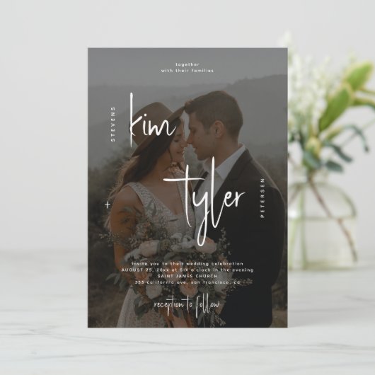 Foto, schwarz-weiß QR-Code Hochzeit Einladung (Stehend Vorderseite)