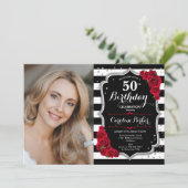 Foto Schwarz-weiß Stripes Red Silver 50. Geburtsta Einladung (Stehend Vorderseite)