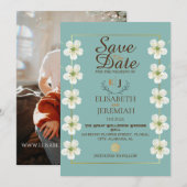 Foto Script White Floral Wedding Save the Date Einladung (Vorne/Hinten)