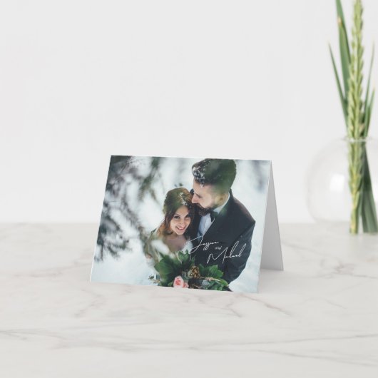 Foto Script Winter Theme Wedding Dankeskarte (Vorderseite)