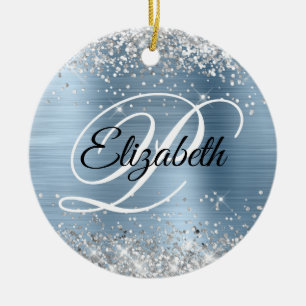 Foto Silber Glitter Hellblau Folie Monogramm Keramik Ornament