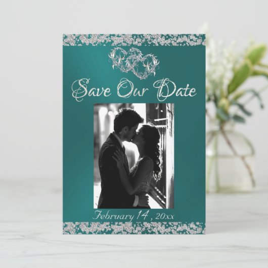 Foto, Silberherz und Glitzer - Aquamarin Save The Date (Stehend Vorderseite)