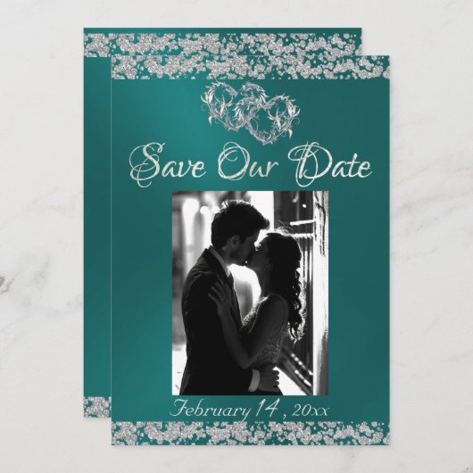Foto, Silberherz und Glitzer - Aquamarin Save The Date (Vorne/Hinten)