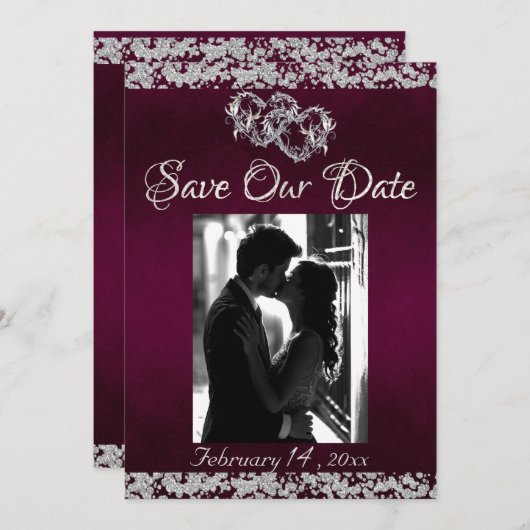Foto, Silberherz und Glitzer - Lila Save The Date (Vorne/Hinten)