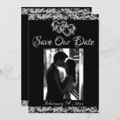Foto, Silberherz und Glitzer - Schwarz Save The Date (Vorne/Hinten)