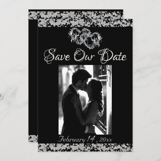 Foto, Silberherz und Glitzer - Schwarz Save The Date (Vorne/Hinten)