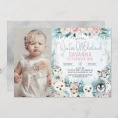 Foto Silver Arctic Winter Onederland Geburtstag Einladung (Vorne/Hinten)