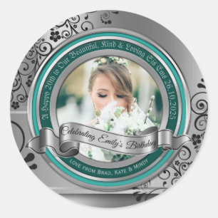 Foto Silver Blühe Elegantes Banner Türkis Runder Aufkleber