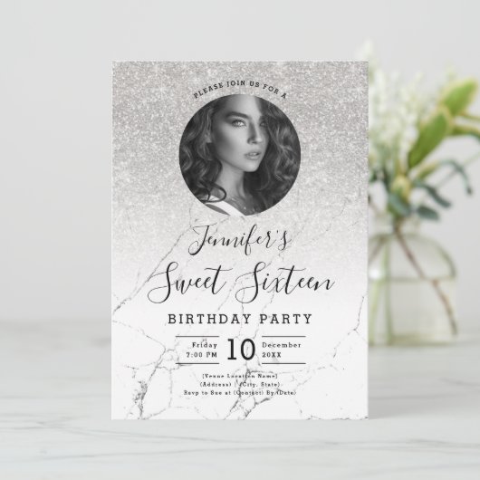 FOTO Silver Glitzer Marmor Sweet 16 Party Einladung (Stehend Vorderseite)