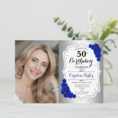 Foto Silver White Royal Blue 50. Geburtstag Einladung (Stehend Vorderseite)