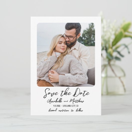 Foto Simple Minimalistisch Script Boho Wedding Save The Date (Stehend Vorderseite)