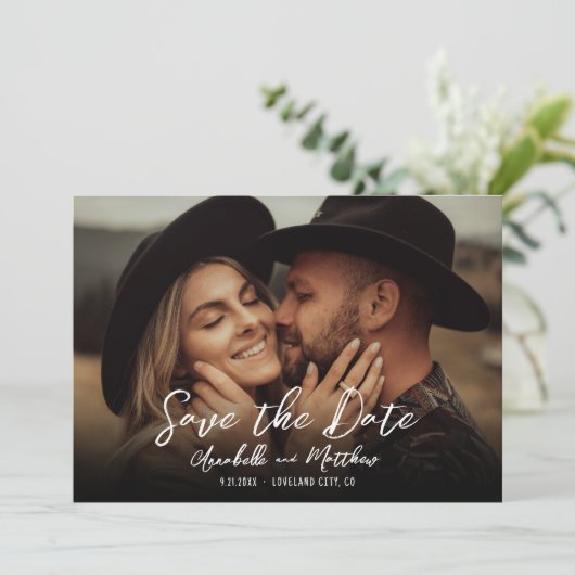 Foto Simple Rustic Script Boho Wedding Save The Date (Stehend Vorderseite)
