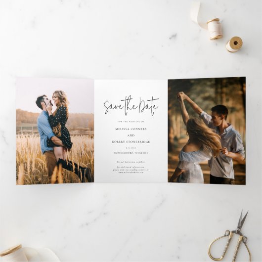 Foto-Skript Hochfahren speichern Sie die Datumskar Dreifach Gefaltete Einladung (Innenseite)