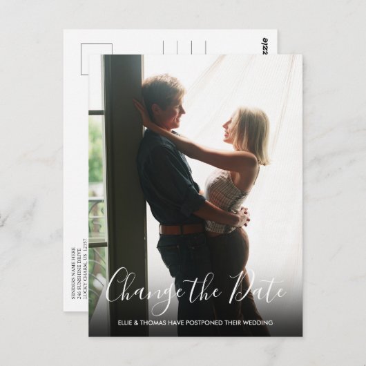 Foto Skript Hochzeit ändern Datum verschoben Postkarte (Vorne/Hinten)