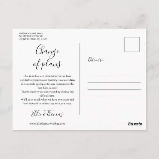 Foto Skript Hochzeit ändern Datum verschoben Postkarte (Rückseite)