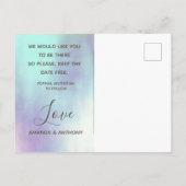 Foto-Skript Save the Date farbige Overlay Einladungspostkarte (Rückseite)