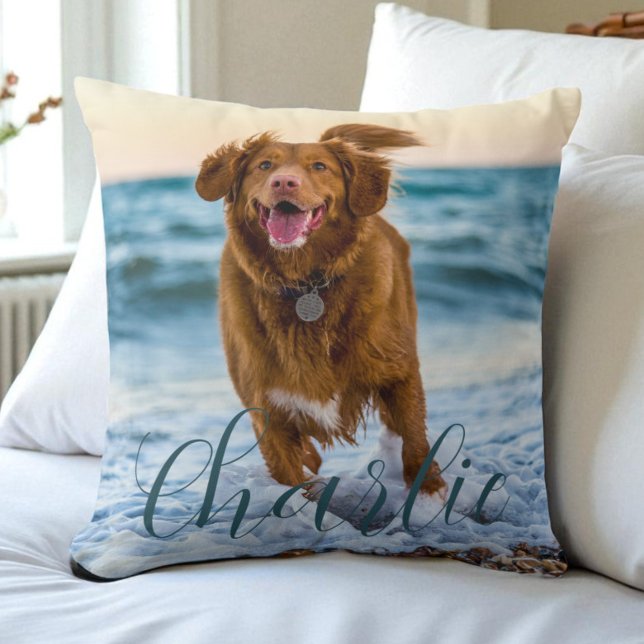 Foto Skriptname Moderner Personalisierter Hund Kissen (Pet Photo Script Name Modern Personalized Dog Throw Pillow)