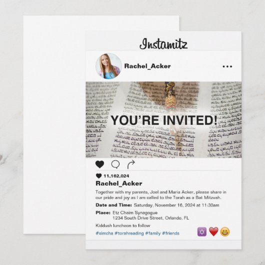 Foto Social Media Bat Mitzvah oder Bar Mitzvah Einladung (Vorne/Hinten)