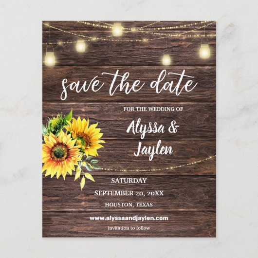 Foto Sonnenblumen Holz und Licht Save the Date Flyer (Vorne)