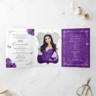 Foto Spanisch Lila und Silver Quinceanera Dreifach Gefaltete Einladung