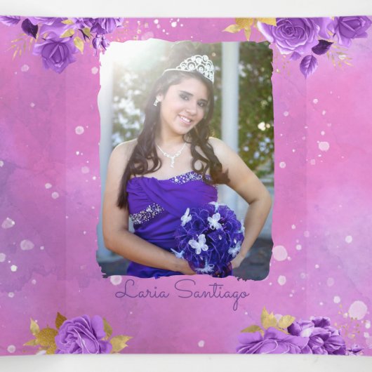 Foto Spanisch Rosa Aquarellfarbe Quinceanera Dreifach Gefaltete Einladung (Innenseite Mitte)