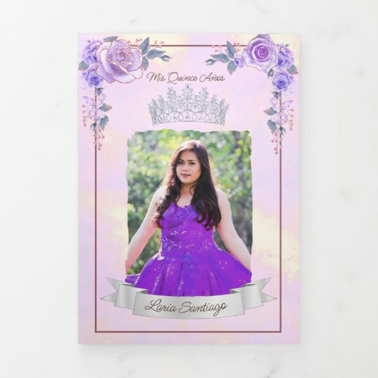 Foto Spanisch Rosa Lavendel Rose Quinceanera Dreifach Gefaltete Einladung (Cover)