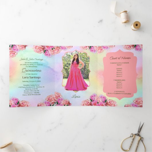 Foto Spanisch Rosa Roses Rainbow Quinceanera Dreifach Gefaltete Einladung (Innenseite)